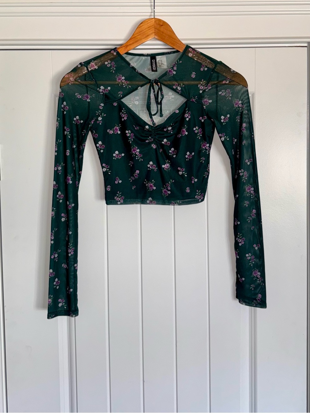Dark Green Floral Tie-Neck Cut Out Long-Sleeve Sheer Crop Top